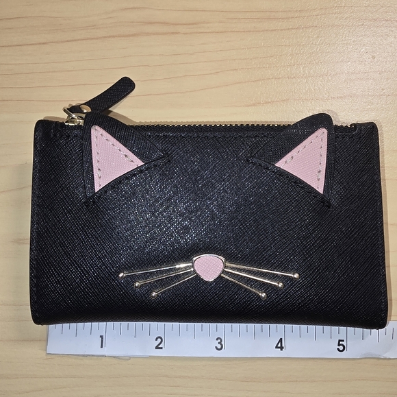 KATE SPADE Black Saffiano Leather Cat Bifold Wallet Mini Case - Picture 2 of 15